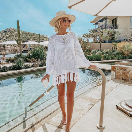 Women's Fishing Net Bikini Coverup Long Sleeve Tassel Sun Shirt Beach Hollow Out Knit Shirt