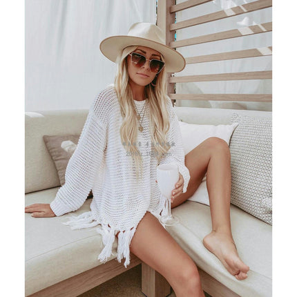 Women's Fishing Net Bikini Coverup Long Sleeve Tassel Sun Shirt Beach Hollow Out Knit Shirt