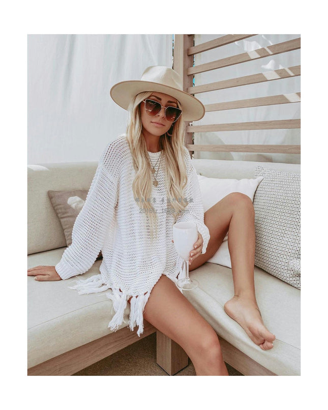 Women's Fishing Net Bikini Coverup Long Sleeve Tassel Sun Shirt Beach Hollow Out Knit Shirt