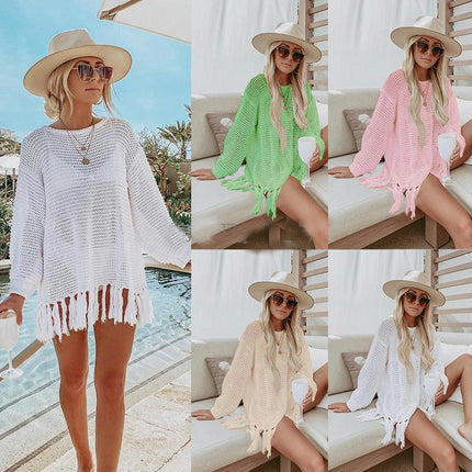 Women's Fishing Net Bikini Coverup Long Sleeve Tassel Sun Shirt Beach Hollow Out Knit Shirt