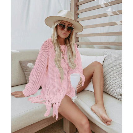 Women's Fishing Net Bikini Coverup Long Sleeve Tassel Sun Shirt Beach Hollow Out Knit Shirt