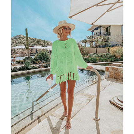 Women's Fishing Net Bikini Coverup Long Sleeve Tassel Sun Shirt Beach Hollow Out Knit Shirt