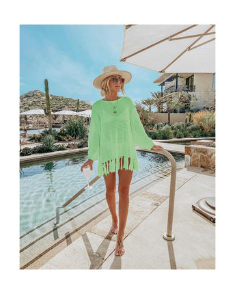 Women's Fishing Net Bikini Coverup Long Sleeve Tassel Sun Shirt Beach Hollow Out Knit Shirt