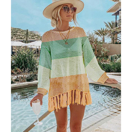 Women's Fishing Net Bikini Coverup Long Sleeve Tassel Sun Shirt Beach Hollow Out Knit Shirt