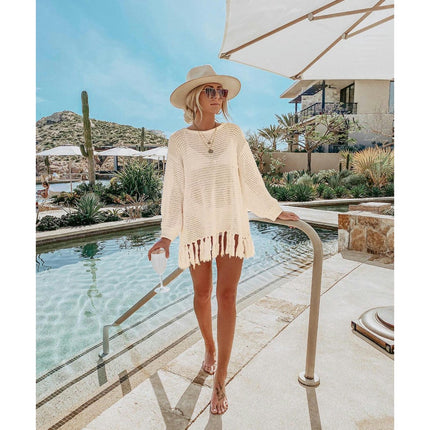 Women's Fishing Net Bikini Coverup Long Sleeve Tassel Sun Shirt Beach Hollow Out Knit Shirt