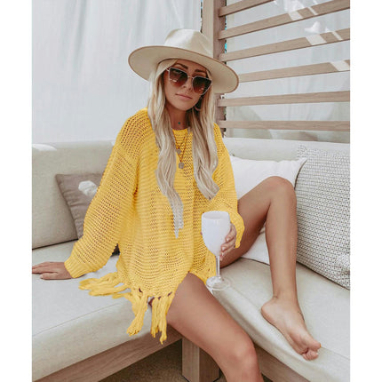 Women's Fishing Net Bikini Coverup Long Sleeve Tassel Sun Shirt Beach Hollow Out Knit Shirt