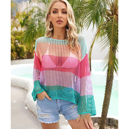 Women's Colorful Beach Coverup Crochet Skeleton Top Swimming Bikini Vacation Knitwear