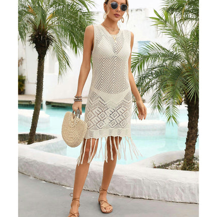 Women's Beach Coverup Hollow Out Tassel Knit Coverup Vacation Bikini Knit Tankini Shirt