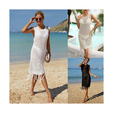 Women's Beach Coverup Hollow Out Tassel Knit Coverup Vacation Bikini Knit Tankini Shirt