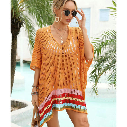 Women's Loose Batwing Sleeve Beachwear Splicing Crochet Hollow Out Plus Size Bikini Coverups