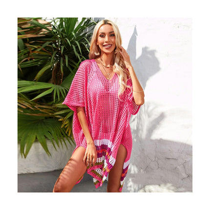 Women's Loose Batwing Sleeve Beachwear Splicing Crochet Hollow Out Plus Size Bikini Coverups