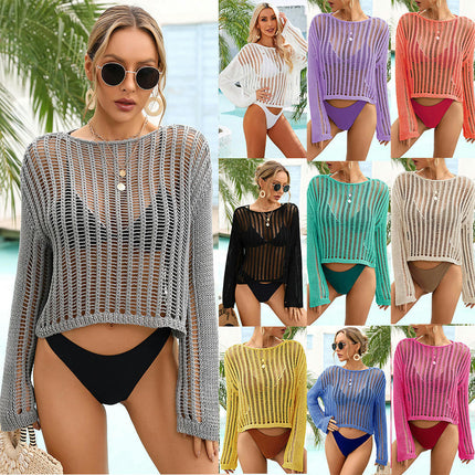 Women's Summer Crochet Hollow Out Long Sleeve Crewneck Beach Bikini Swimsuit Mesh Cover Up