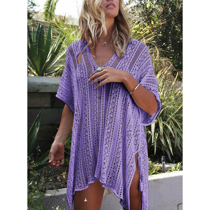 Women's V-neck Short Sleeve Hollow Sun Protection Top Seaside Knitted Bikini Cover Up