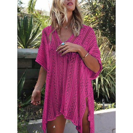 Women's V-neck Short Sleeve Hollow Sun Protection Top Seaside Knitted Bikini Cover Up