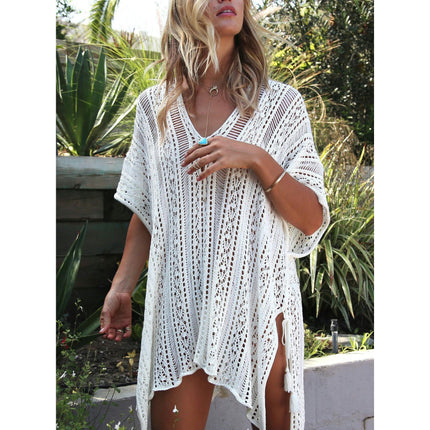 Women's V-neck Short Sleeve Hollow Sun Protection Top Seaside Knitted Bikini Cover Up