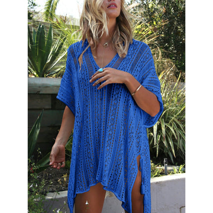 Women's V-neck Short Sleeve Hollow Sun Protection Top Seaside Knitted Bikini Cover Up