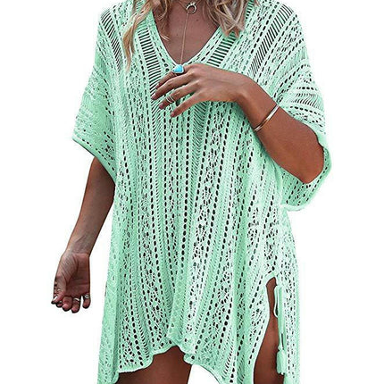 Women's V-neck Short Sleeve Hollow Sun Protection Top Seaside Knitted Bikini Cover Up