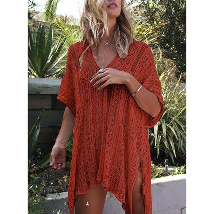 Women's V-neck Short Sleeve Hollow Sun Protection Top Seaside Knitted Bikini Cover Up