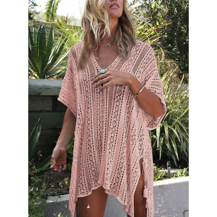 Women's V-neck Short Sleeve Hollow Sun Protection Top Seaside Knitted Bikini Cover Up