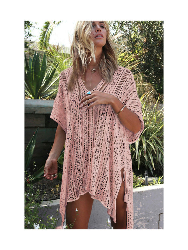 Women's V-neck Short Sleeve Hollow Sun Protection Top Seaside Knitted Bikini Cover Up