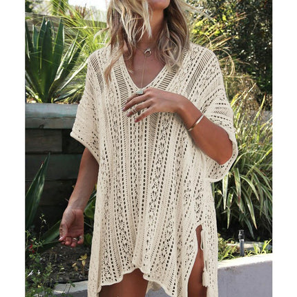 Women's V-neck Short Sleeve Hollow Sun Protection Top Seaside Knitted Bikini Cover Up