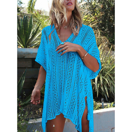 Women's V-neck Short Sleeve Hollow Sun Protection Top Seaside Knitted Bikini Cover Up