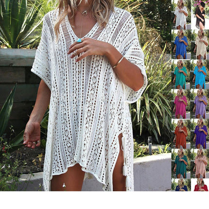 Women's V-neck Short Sleeve Hollow Sun Protection Top Seaside Knitted Bikini Cover Up