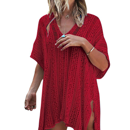 Women's V-neck Short Sleeve Hollow Sun Protection Top Seaside Knitted Bikini Cover Up