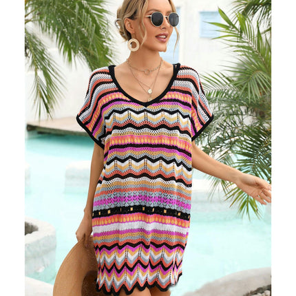 Women's Colorful Color Splicing Hollow Out Loose Seaside Beach Short Sleeve Dresses