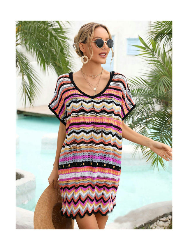 Women's Colorful Color Splicing Hollow Out Loose Seaside Beach Short Sleeve Dresses