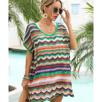 Women's Colorful Color Splicing Hollow Out Loose Seaside Beach Short Sleeve Dresses