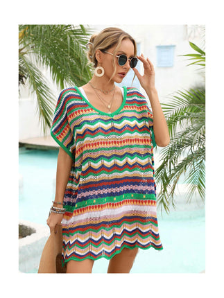 Women's Colorful Color Splicing Hollow Out Loose Seaside Beach Short Sleeve Dresses