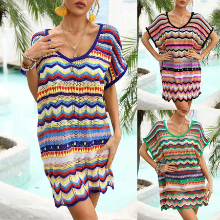 Women's Colorful Color Splicing Hollow Out Loose Seaside Beach Short Sleeve Dresses