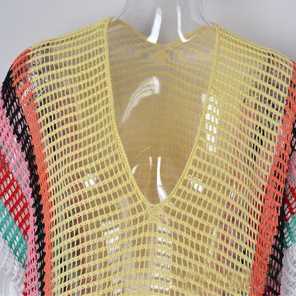 Women's Beach Cover Up Hollow Knitted Rainbow Bikini Outer Cover Up Sun Protection Clothing