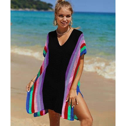 Women's Beach Cover Up Hollow Knitted Rainbow Bikini Outer Cover Up Sun Protection Clothing