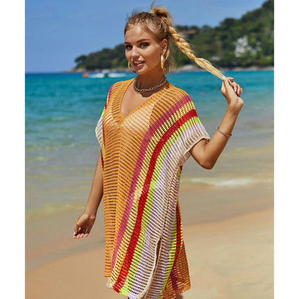 Women's Beach Cover Up Hollow Knitted Rainbow Bikini Outer Cover Up Sun Protection Clothing