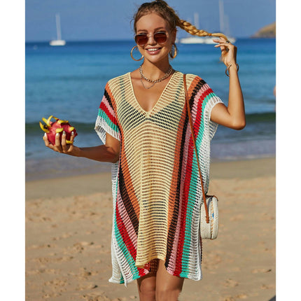 Women's Beach Cover Up Hollow Knitted Rainbow Bikini Outer Cover Up Sun Protection Clothing