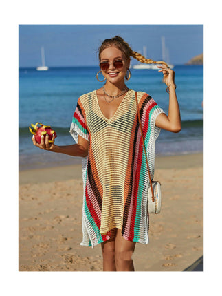 Women's Beach Cover Up Hollow Knitted Rainbow Bikini Outer Cover Up Sun Protection Clothing