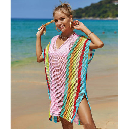 Women's Beach Cover Up Hollow Knitted Rainbow Bikini Outer Cover Up Sun Protection Clothing