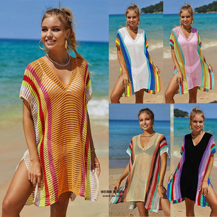 Women's Beach Cover Up Hollow Knitted Rainbow Bikini Outer Cover Up Sun Protection Clothing