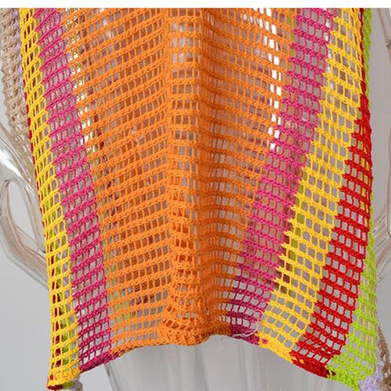 Women's Beach Cover Up Hollow Knitted Rainbow Bikini Outer Cover Up Sun Protection Clothing