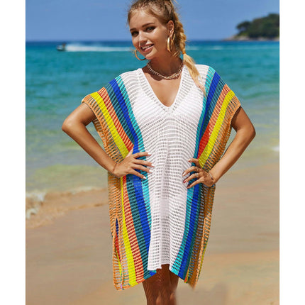 Women's Beach Cover Up Hollow Knitted Rainbow Bikini Outer Cover Up Sun Protection Clothing