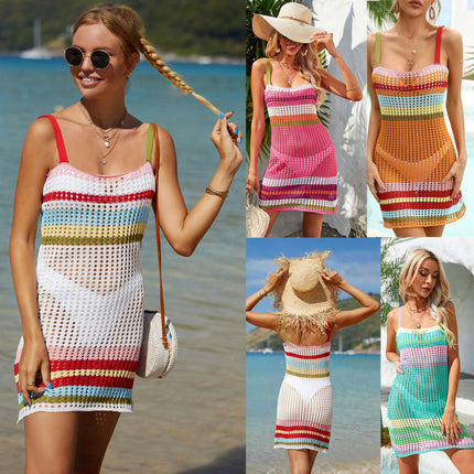 Women's Colorful Patchwork Bikini Beach Dress-Backless Fashion Camisole Cover Up