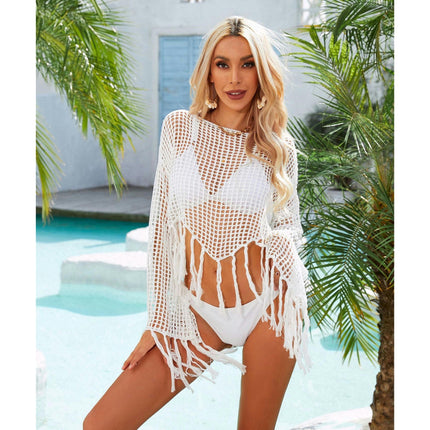 Women's Swimwear Crochet Cover Up Hollow Out Swimsuit Cover Up Long Sleeve Beach Top