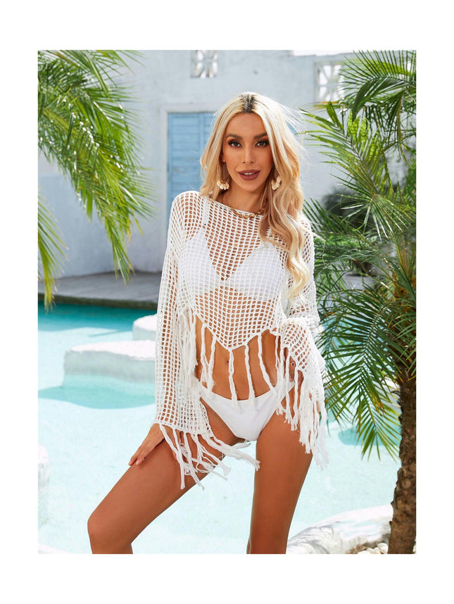 Women's Swimwear Crochet Cover Up Hollow Out Swimsuit Cover Up Long Sleeve Beach Top