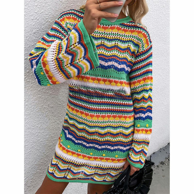 Women's Rainbow Stripe Long Sleeve Loose Crochet Hollow Mini Casual Sweater Dresses