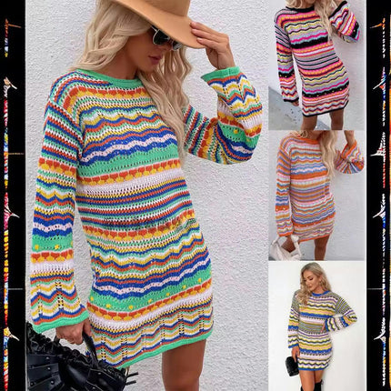 Women's Rainbow Stripe Long Sleeve Loose Crochet Hollow Mini Casual Sweater Dresses