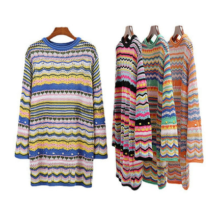 Women's Rainbow Stripe Long Sleeve Loose Crochet Hollow Mini Casual Sweater Dresses