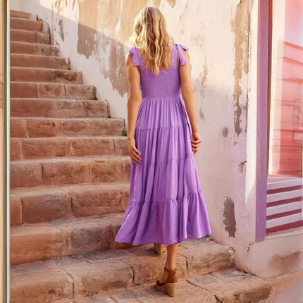 Womens Spaghetti Strap Smocked Tiered Ruffle Long Dress