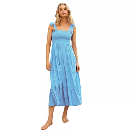 Womens Spaghetti Strap Smocked Tiered Ruffle Long Dress